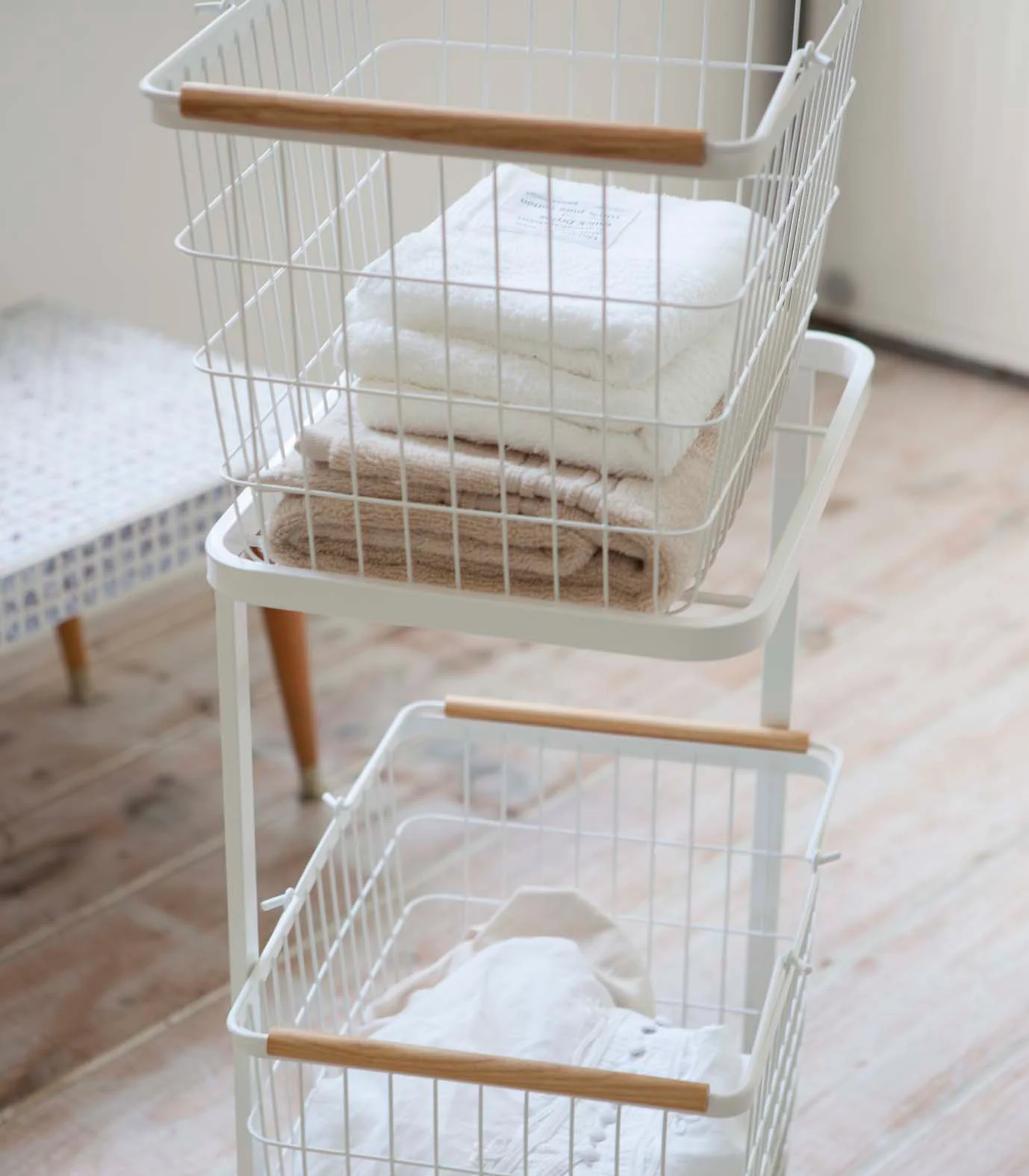 Rolling Laundry Cart + Wire Baskets (38" H)  - Steel + Wood - Image 4