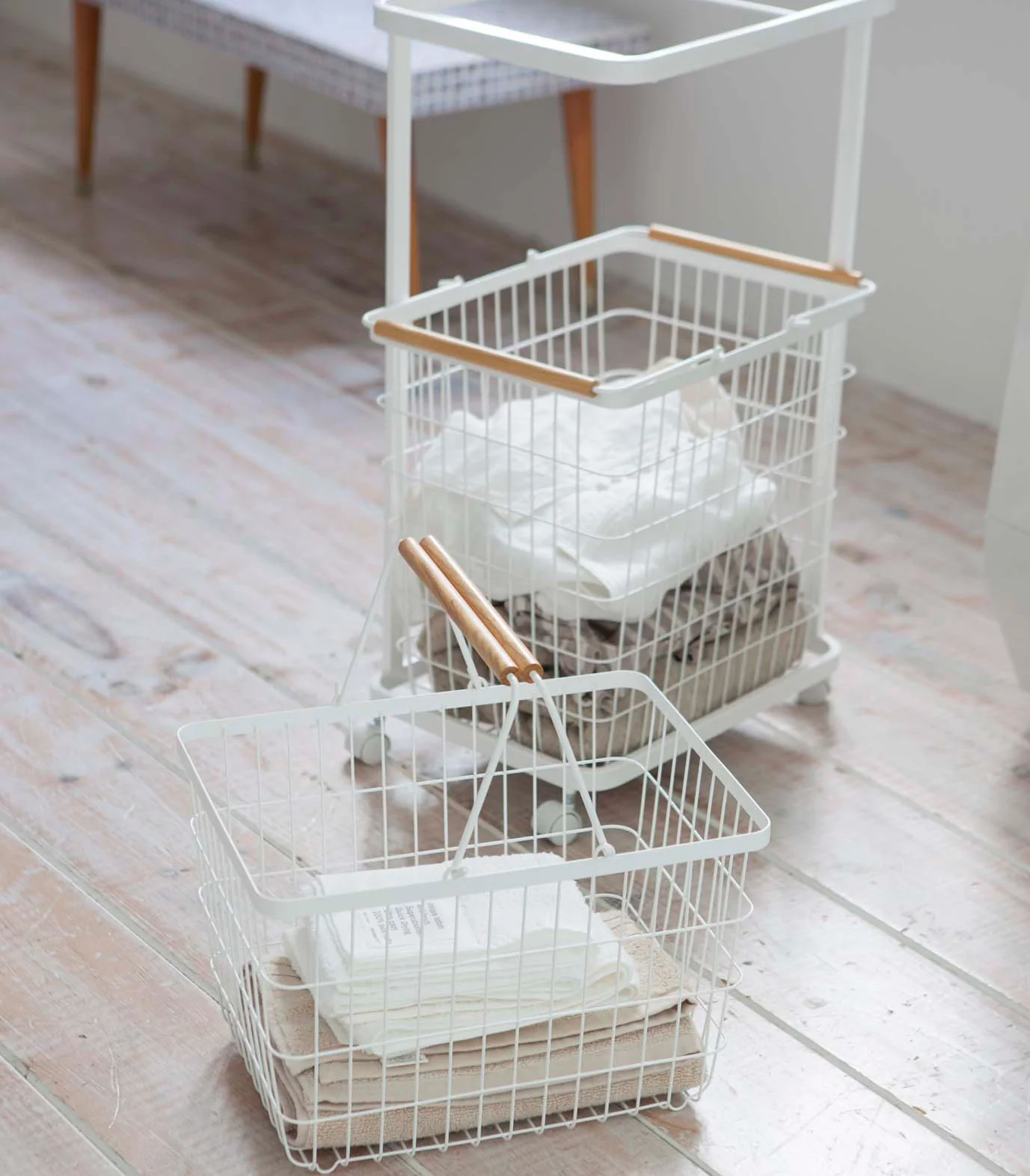 Rolling Laundry Cart + Wire Baskets (38" H)  - Steel + Wood - Image 5