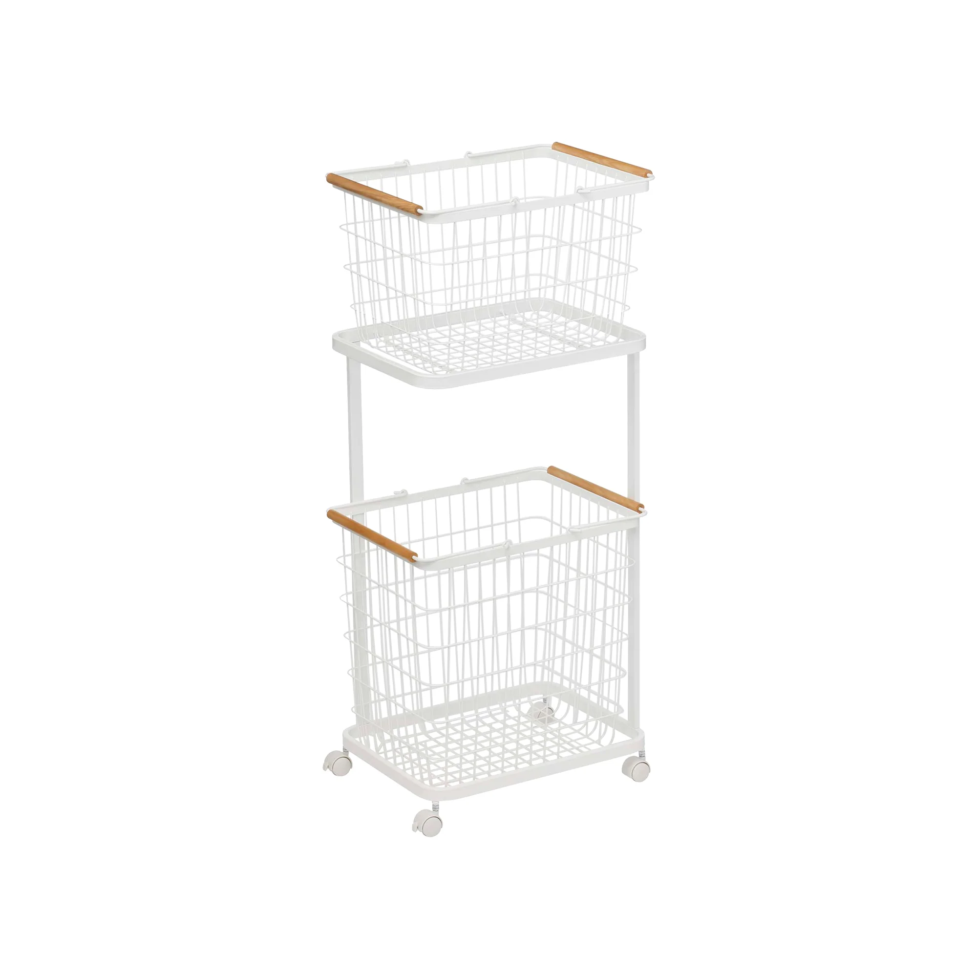 Rolling Laundry Cart + Wire Baskets (38" H)  - Steel + Wood - Image 6