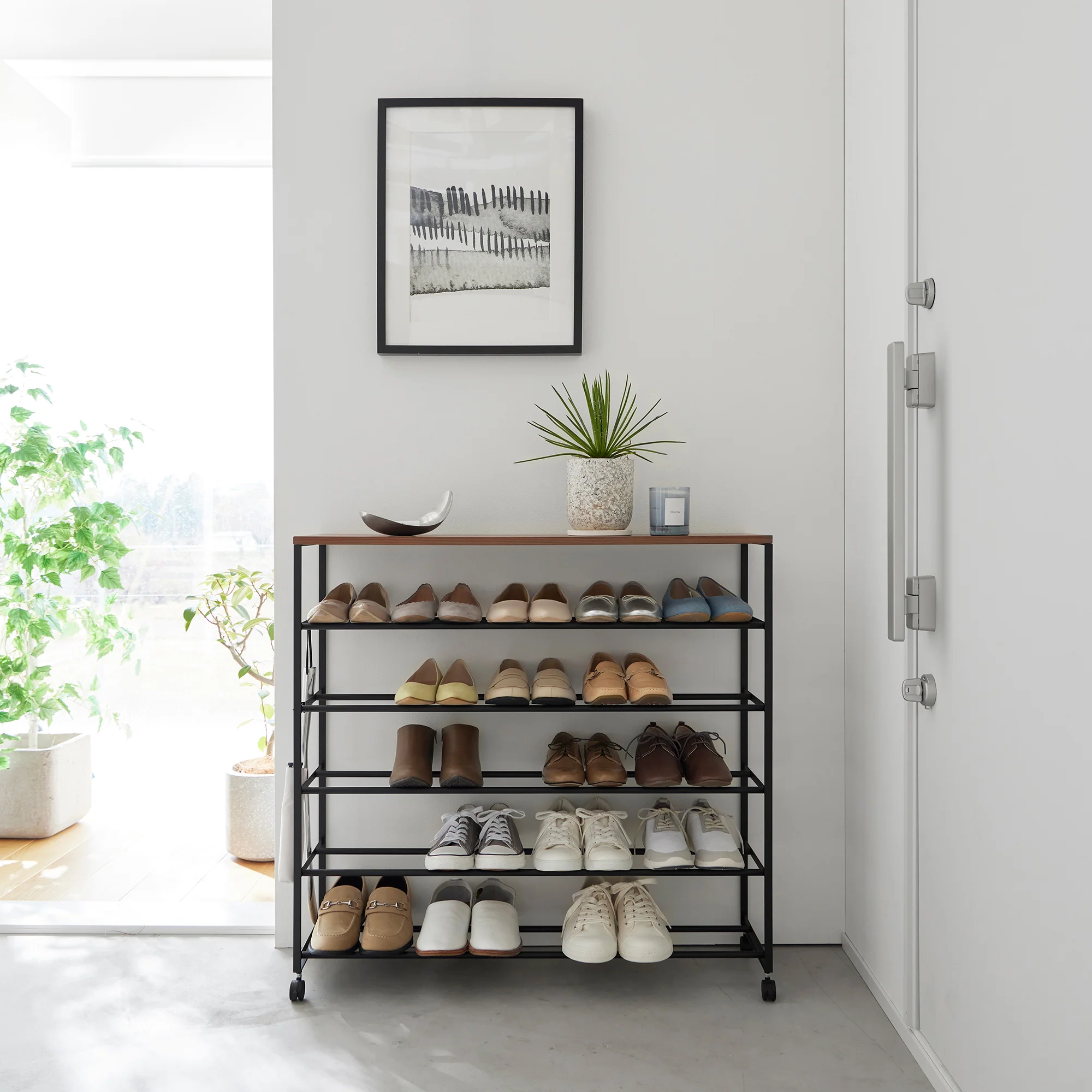 Rolling Five-Tier Shoe Rack (34.25" H)  - Steel + Wood - Image 11