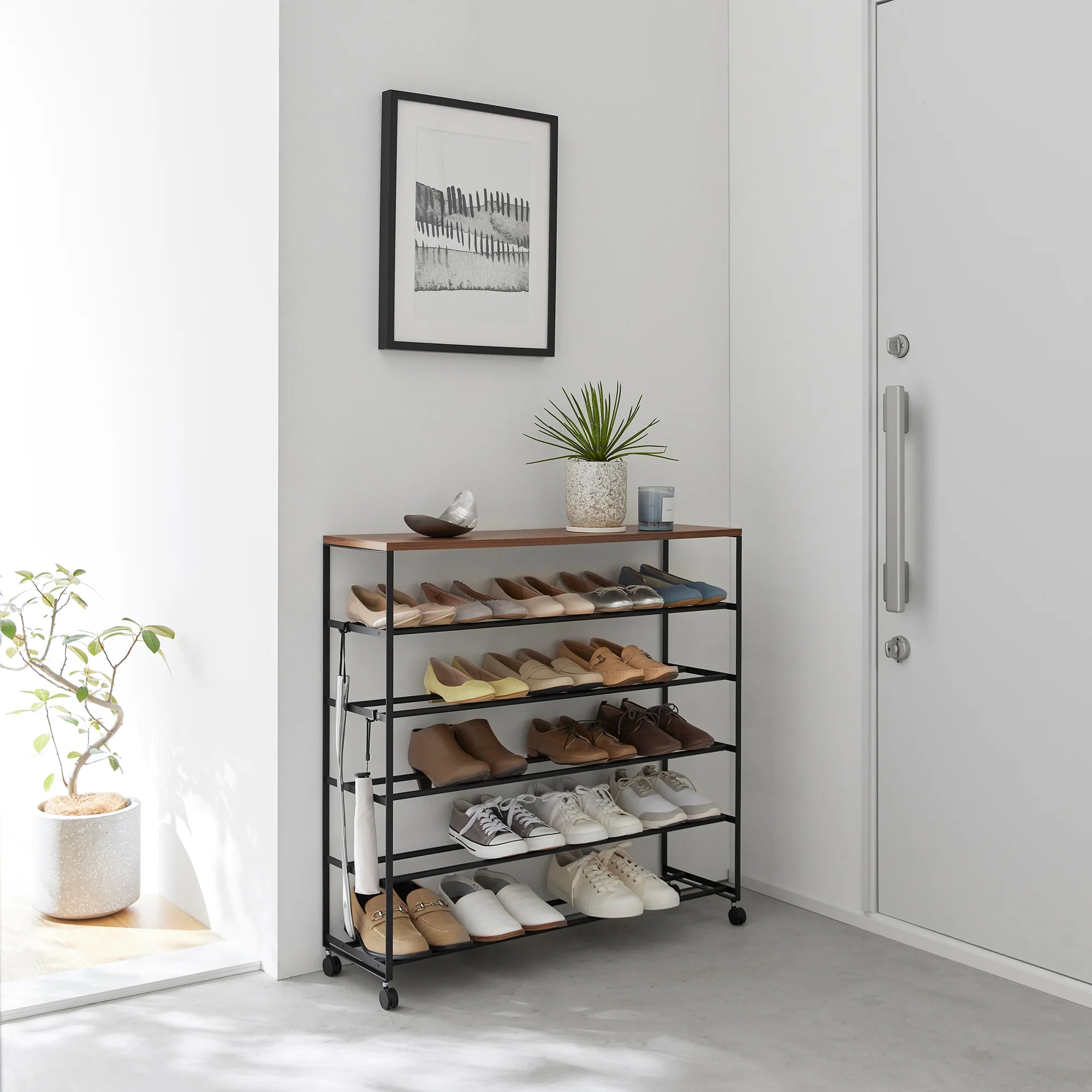 Rolling Five-Tier Shoe Rack (34.25" H)  - Steel + Wood - Image 13