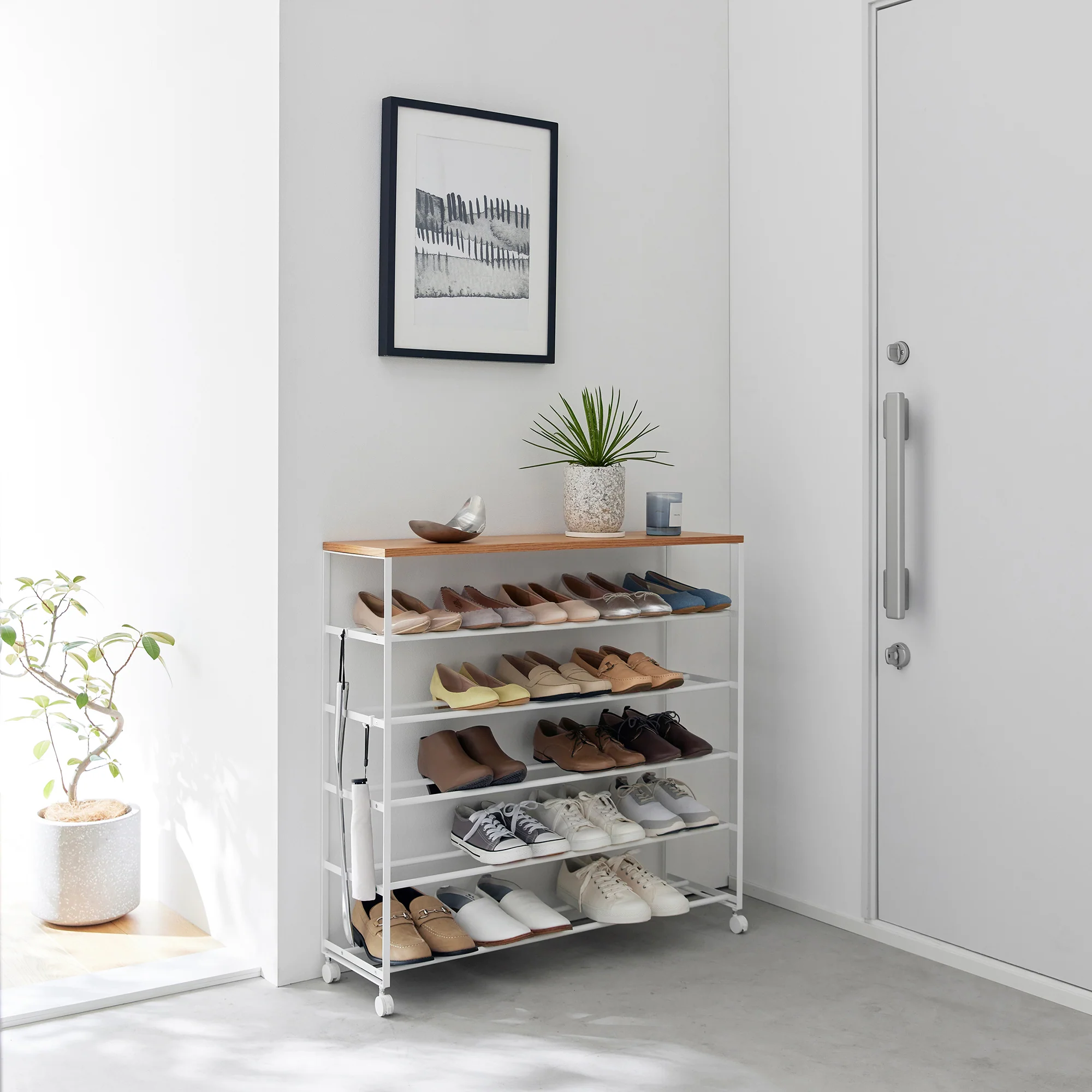 Rolling Five-Tier Shoe Rack (34.25" H)  - Steel + Wood - Image 5