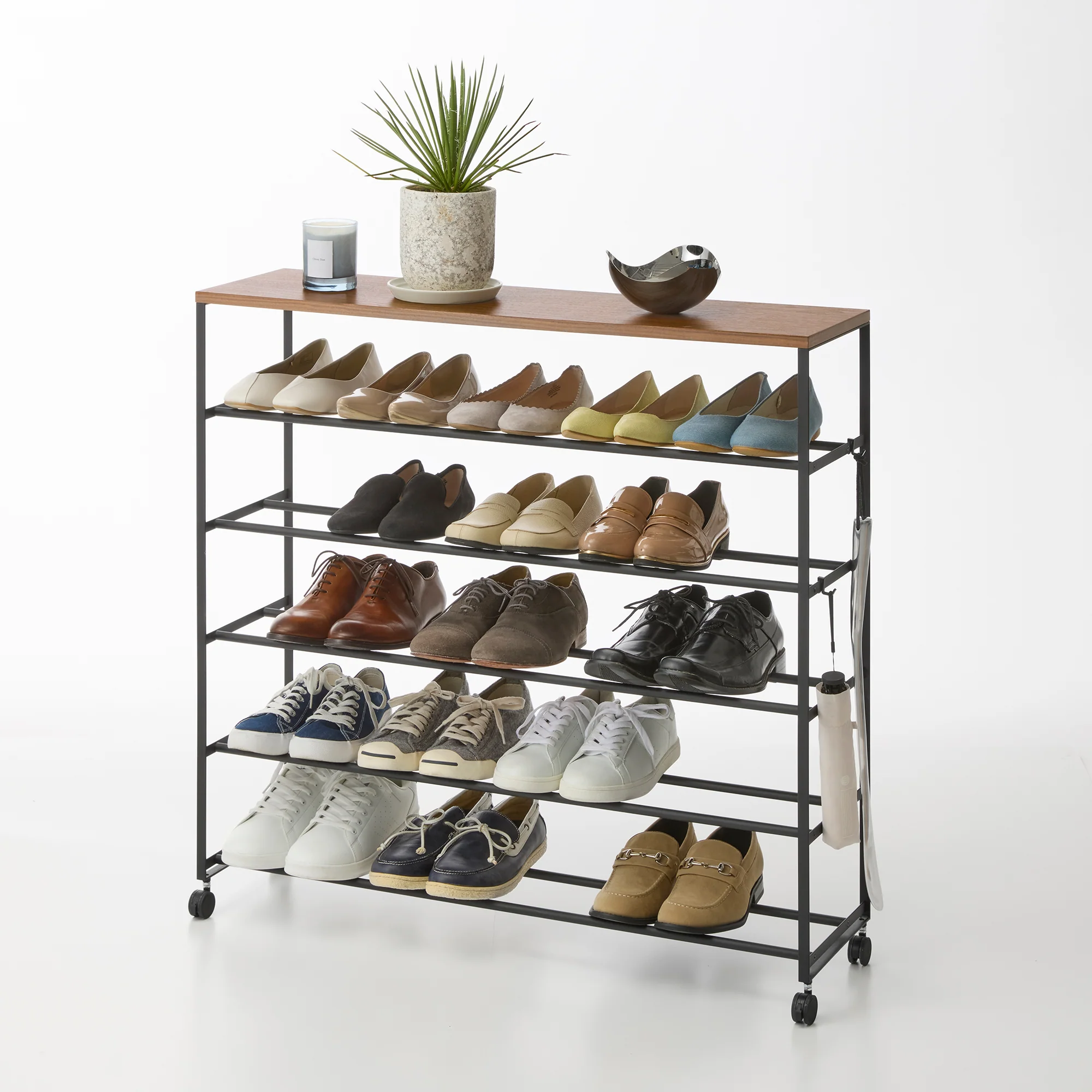 Rolling Five-Tier Shoe Rack (34.25" H)  - Steel + Wood - Image 9